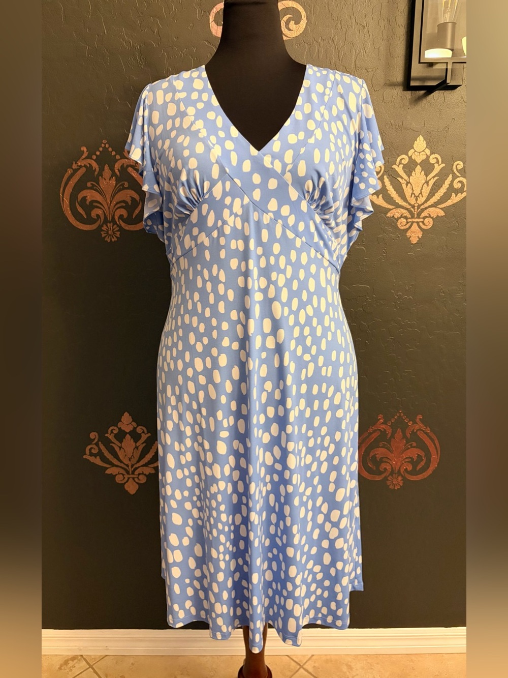 London Times Blue and White Dot Midi Dress